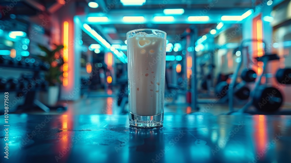 A tall glass of protein shake sits on a table in a brightly lit gym, ready for a post-workout recovery. A tall glass of protein shake sits on a table in a brightly lit gym, ready for a post-workout recovery.