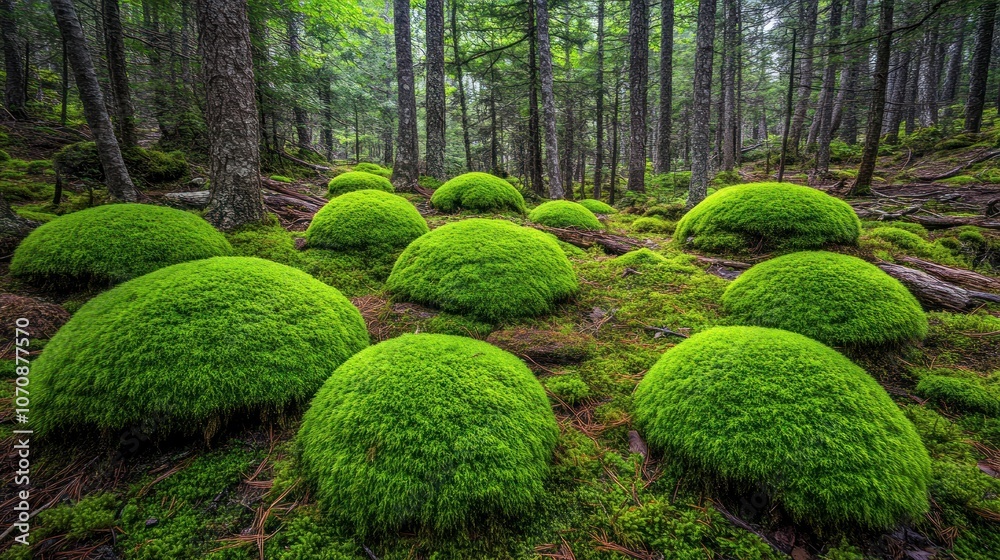 Fototapeta premium Lush green moss formations create a serene forest landscape.