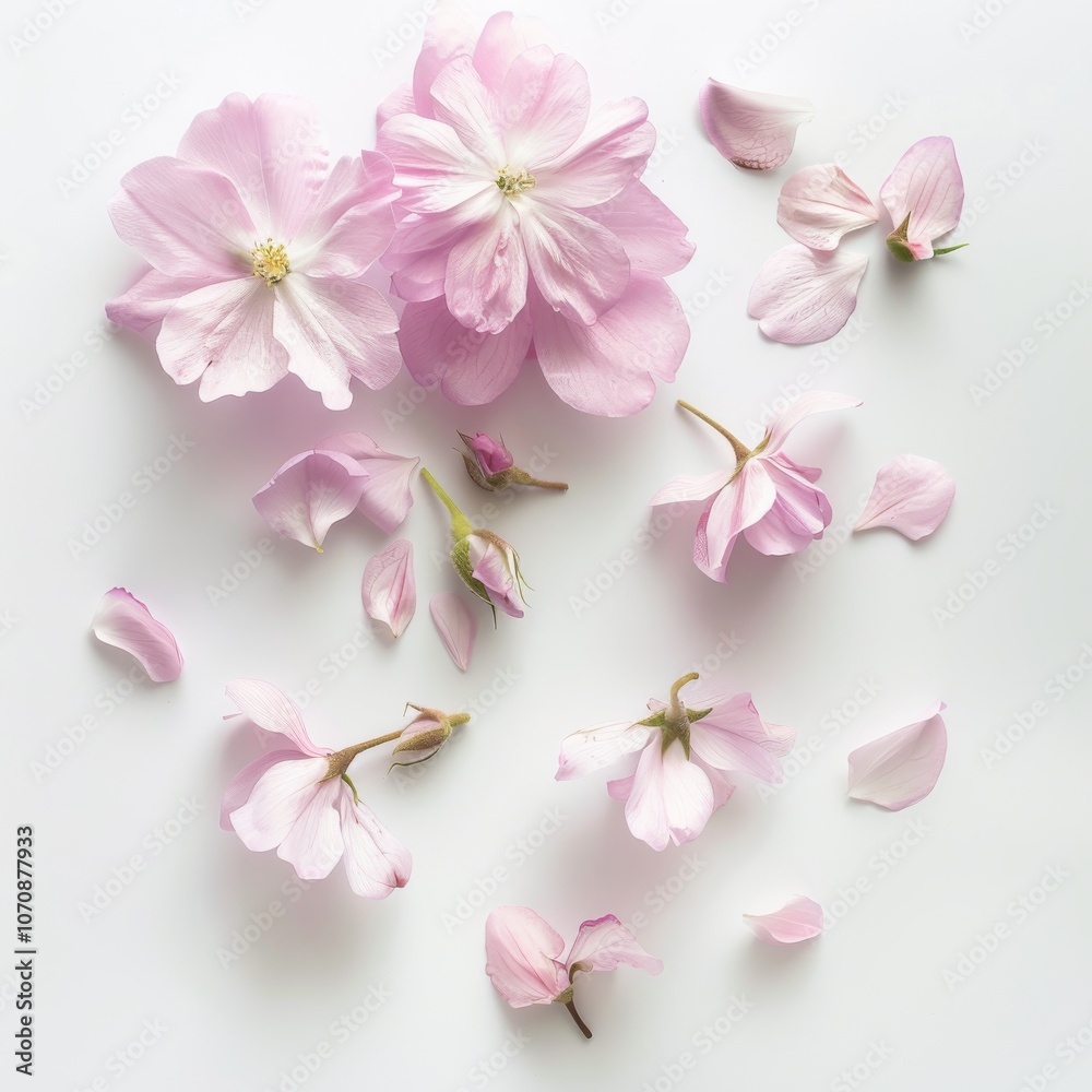 photo depicting a serene composition of pale pink flower petals and a delicate bud against a clean photo depicting a serene composition of pale pink flower petals and a delicate bud against a clean
