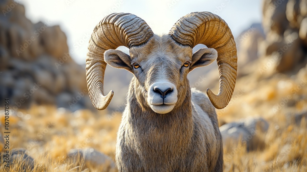 A large bighorn sheep with large, curled horns stares directly at the camera in a desert environment. A large bighorn sheep with large, curled horns stares directly at the camera in a desert environment.