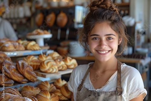 A young baker stands in a busy bakery, showcasing a variety of freshly baked pastries. The atmosphere is lively, filled with the aroma of warm bread and sweet treats, creating an inviting ambiance photo