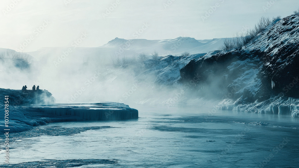 Fototapeta premium A frozen river with steaming hot springs carved into the ice, where people soak in the warmth amidst a frozen landscape. Room for text in the mist above the water.