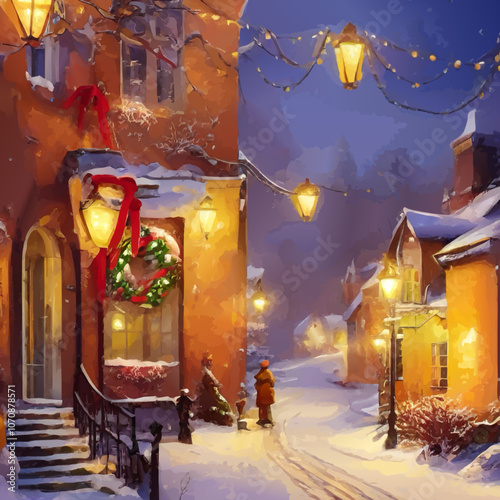 watercolor, winter village