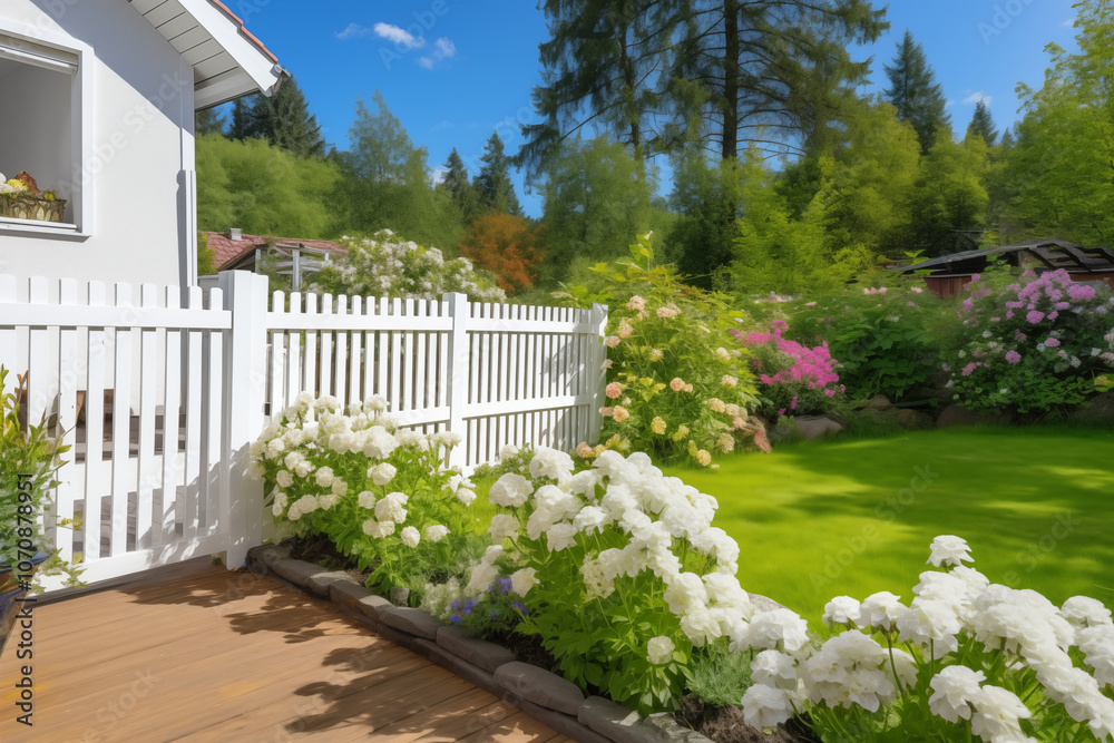 Bright and serene garden view with white flowers and green grass, perfect for relaxation and outdoor activities. Bright and serene garden view with white flowers and green grass, perfect for relaxation and outdoor activities.