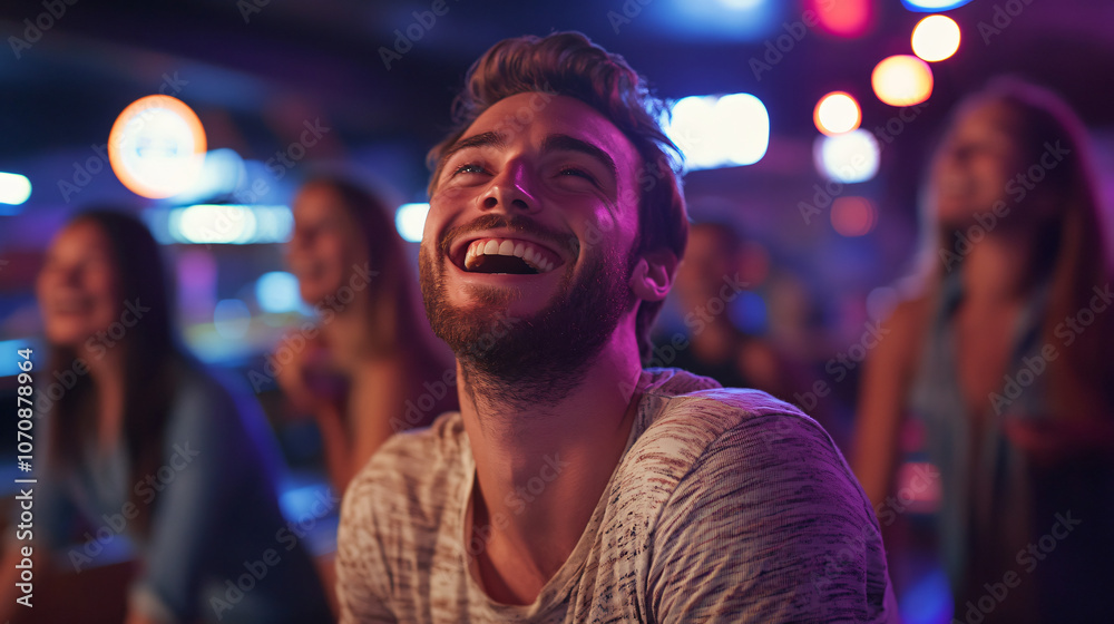 Young man enjoys a lively night out with friends in a festive bar atmosphere Young man enjoys a lively night out with friends in a festive bar atmosphere