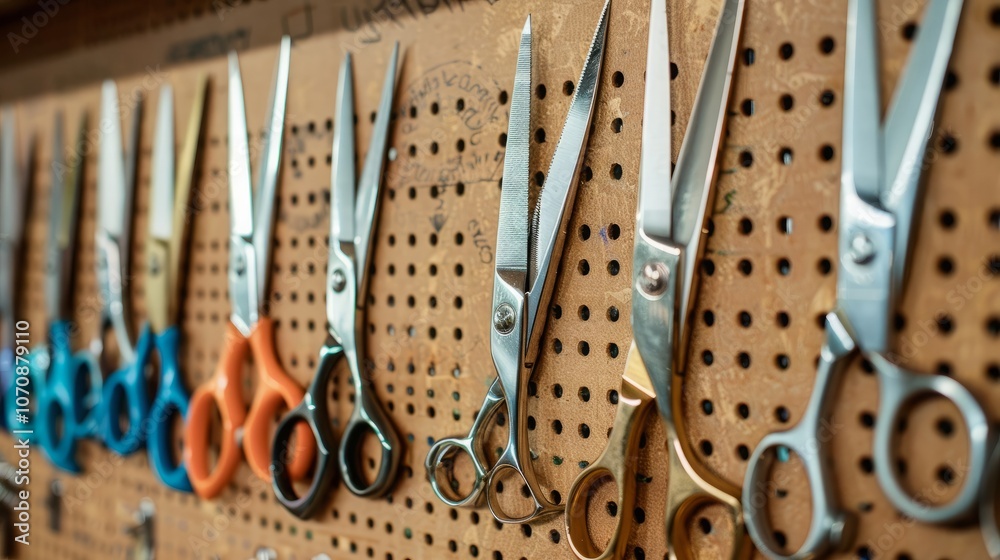 A close-up of a wall of various types of scissors in a salon. The ...