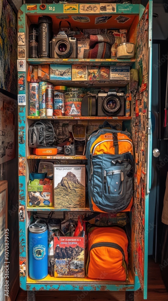 Obraz premium A Well-Organized Cabinet Filled with Travel Essentials and Souvenirs