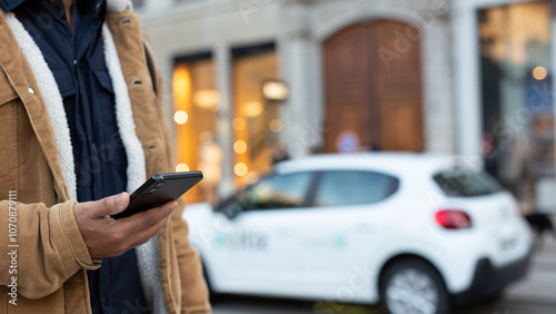 Tourist using smartphone app for renting electric car in city center