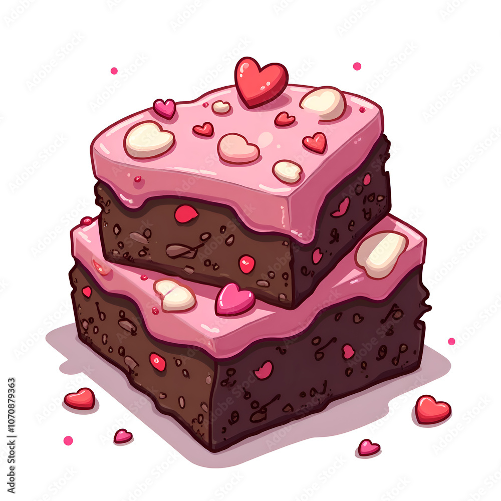 Indulge in the joy of sweet treats with irresistible heart topped brownies enhanced by a playful design, digital illustration of food art concept.