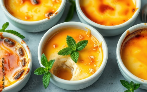 A close-up of a creamy custard dessert with a caramelized sugar topping, garnished with mint leaves