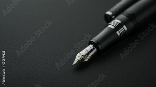 Close-up of a black fountain pen with a gold nib on a dark surface, ready to be used for writing or signing.