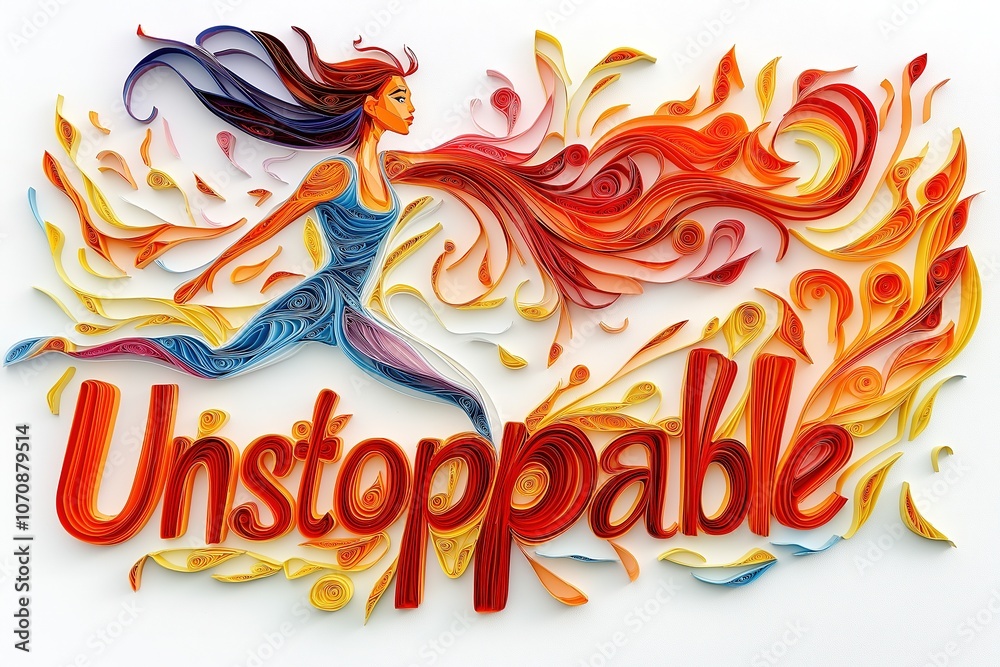 Obraz premium Woman Empowerment: Unstoppable Woman Running Forward with Fiery Aura and Bold Energy, Paper quilling style