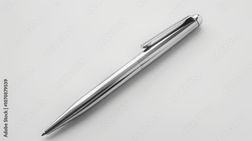 A sleek, silver ballpoint pen rests on a plain white surface, ready to capture thoughts and ideas. A sleek, silver ballpoint pen rests on a plain white surface, ready to capture thoughts and ideas.
