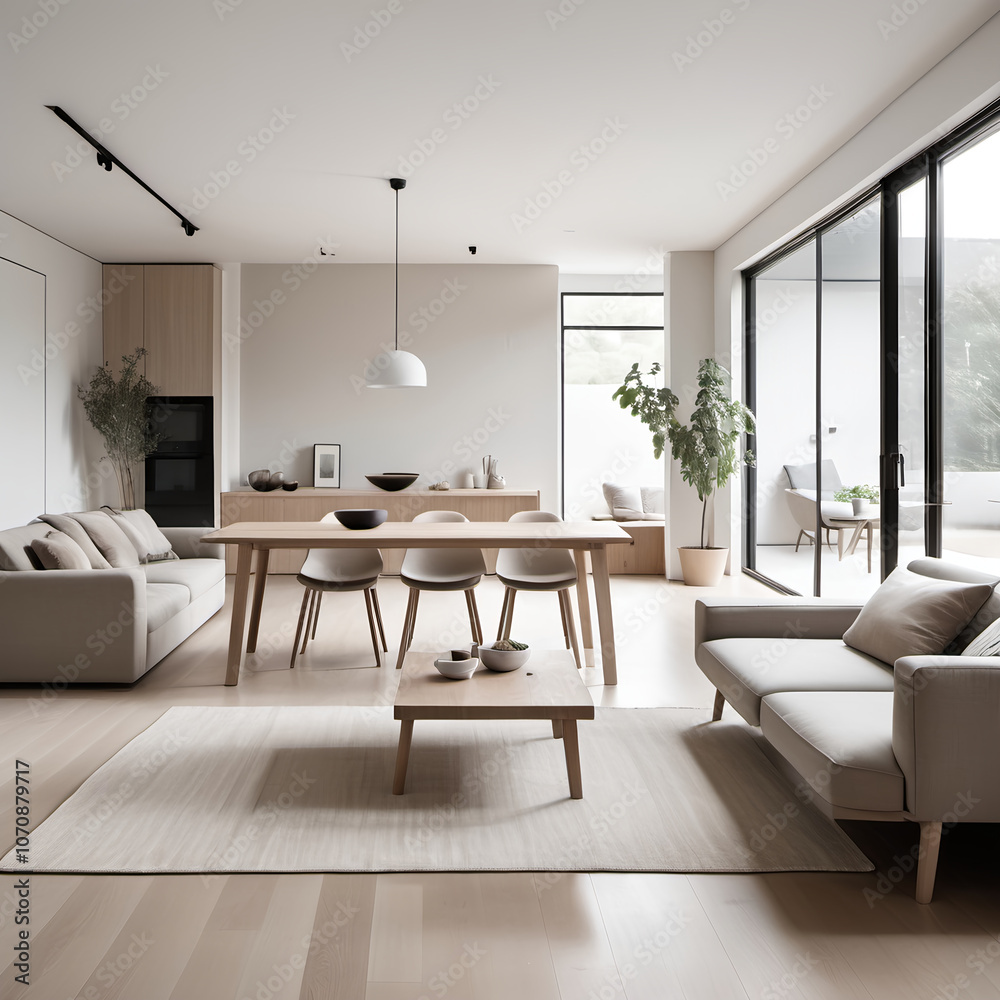 Fototapeta premium Minimalist Open-Concept Living and Dining Area – An open space with minimalist furniture, a simple dining table, and a low-profile sofa, all in neutral tones and with plenty of open floor space.