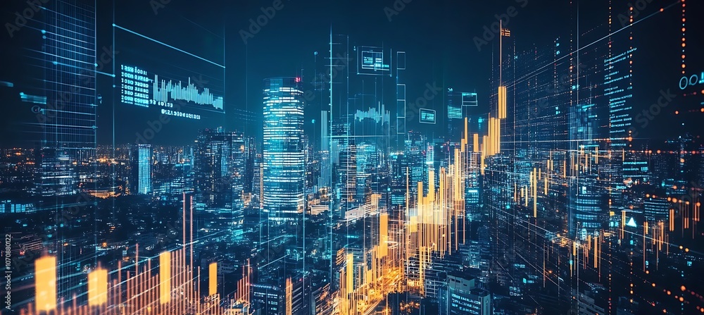 A high-angle view of a financial district with tall buildings and digital overlays indicating business data and economic growth. A high-angle view of a financial district with tall buildings and digital overlays indicating business data and economic growth.