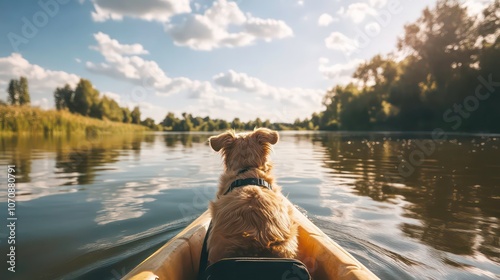 A dog enjoying a peaceful kayak ride on a serene river under a cloudy sky.