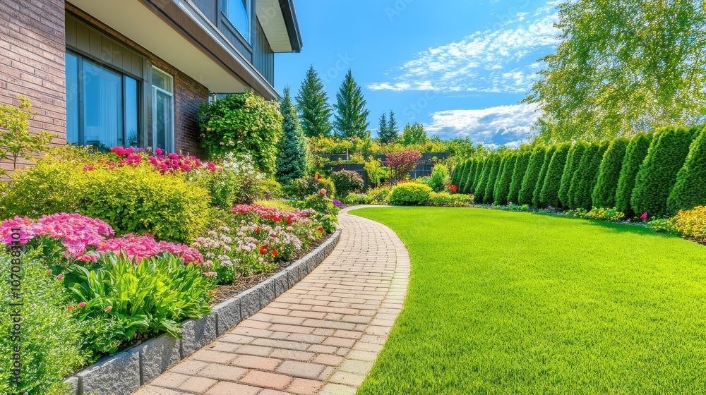 A vibrant garden with a curved pathway leading to a house, showcasing colorful flowers and greenery. A vibrant garden with a curved pathway leading to a house, showcasing colorful flowers and greenery.