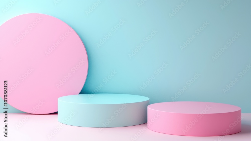 Three pink and blue round structures, which could be used as a stage or a podium Three pink and blue round structures, which could be used as a stage or a podium