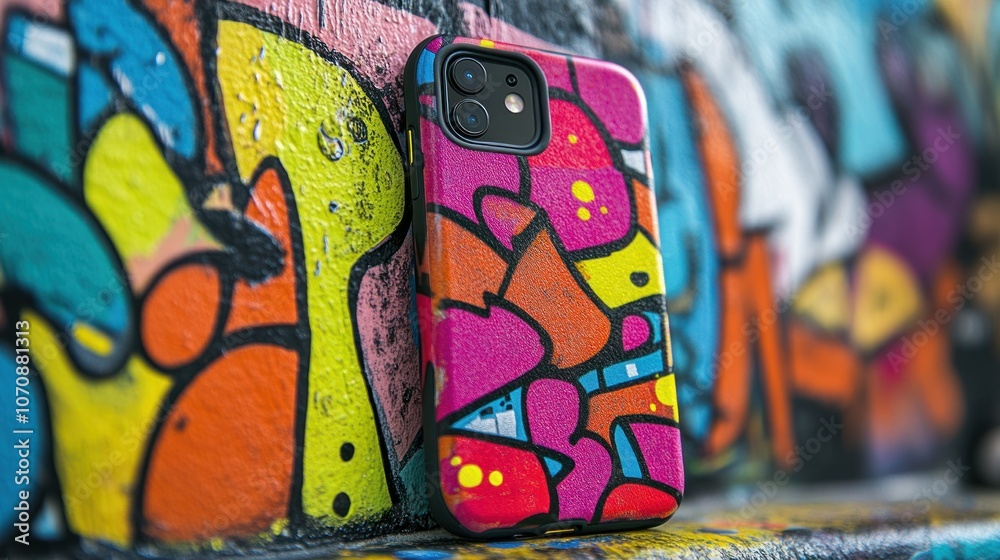 Colorful Phone Case Against a Graffiti Wall Colorful Phone Case Against a Graffiti Wall