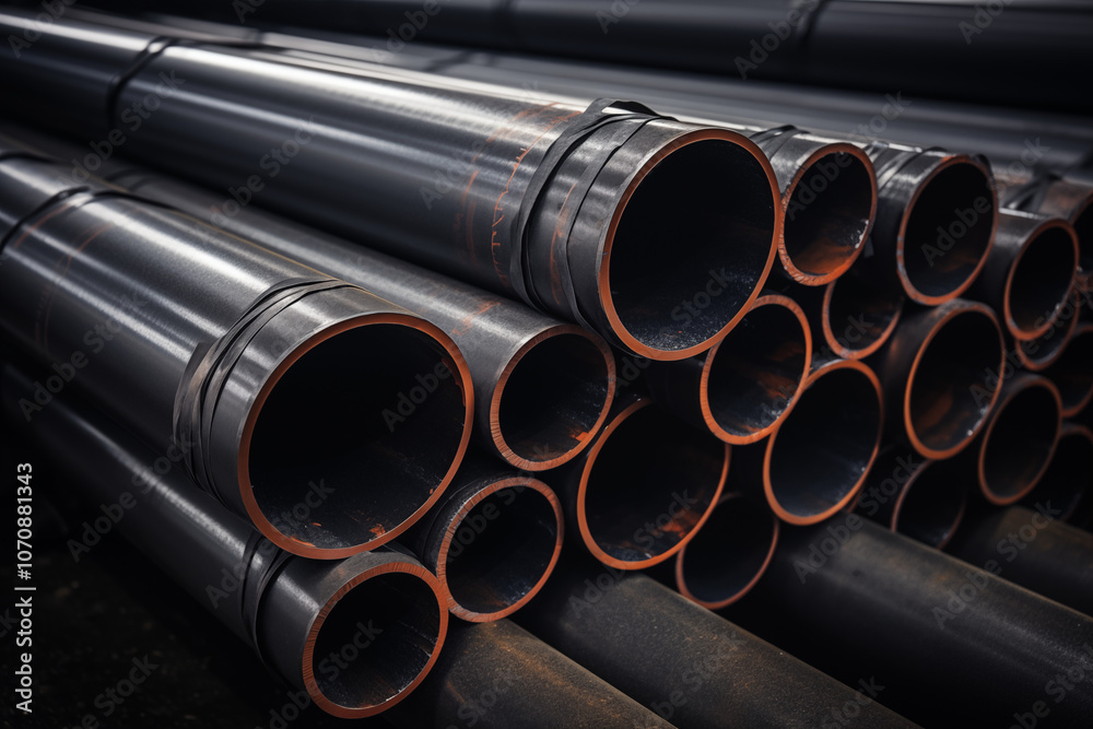 Fototapeta premium Close-up of stacked industrial pipes, showcasing their detailed texture and structure, highlighting their metallic surface and contrasting colors.