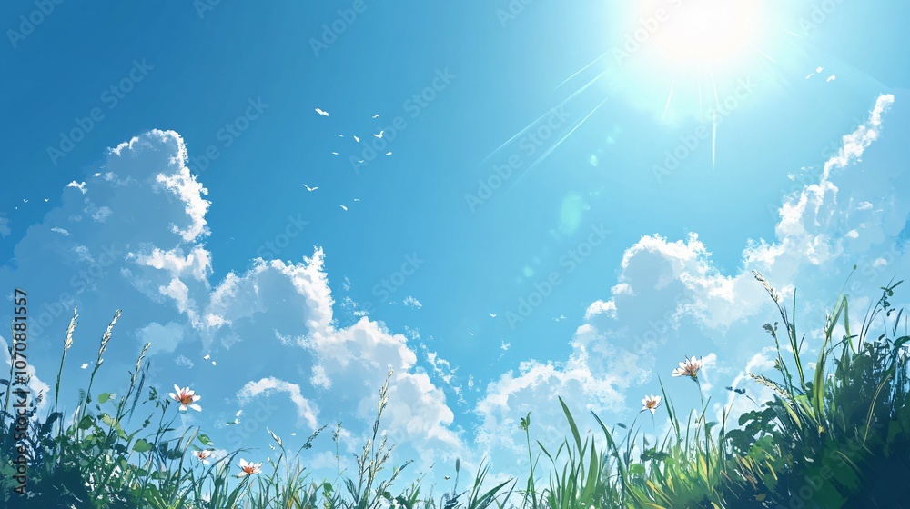 Sunny Day with White Clouds and Grass Sunny Day with White Clouds and Grass