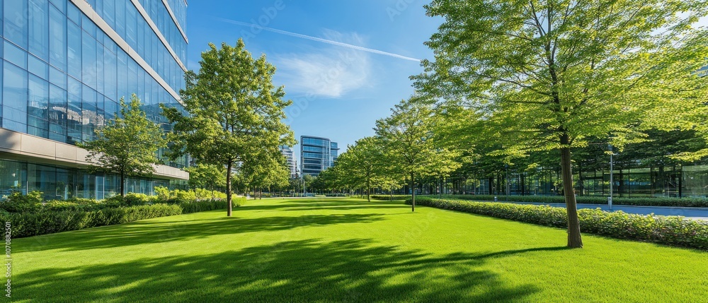 Obraz premium A sunny landscape with green grass and trees beside modern buildings.