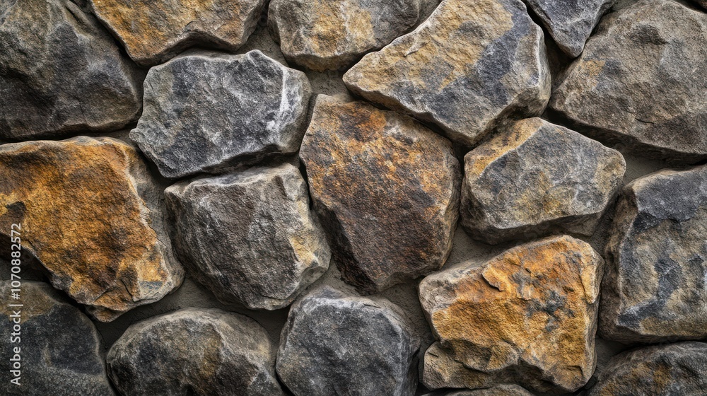 A textured wall made of variously shaped stones in earthy tones. A textured wall made of variously shaped stones in earthy tones.