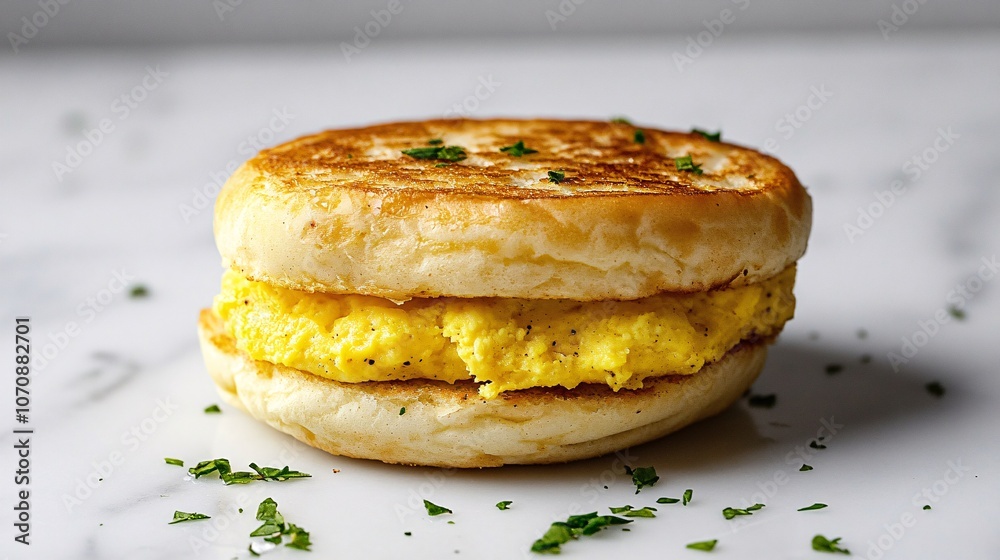 Freshly Made Egg Muffin on Marble Countertop Freshly Made Egg Muffin on Marble Countertop