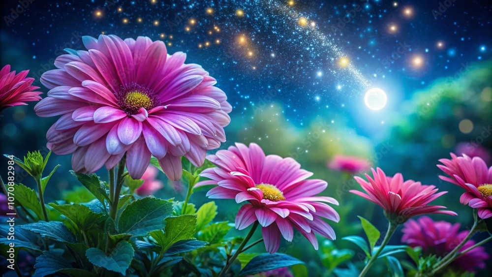 Enchanting Night Photography of Vibrant Pink Flowers Blooming in a Serene Garden Setting Under Starry Skies Enchanting Night Photography of Vibrant Pink Flowers Blooming in a Serene Garden Setting Under Starry Skies