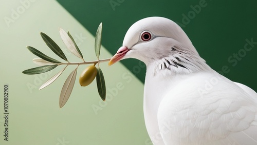 White dove with an olive branch, symbolizing peace. isolated on a solid chromakey background. photo