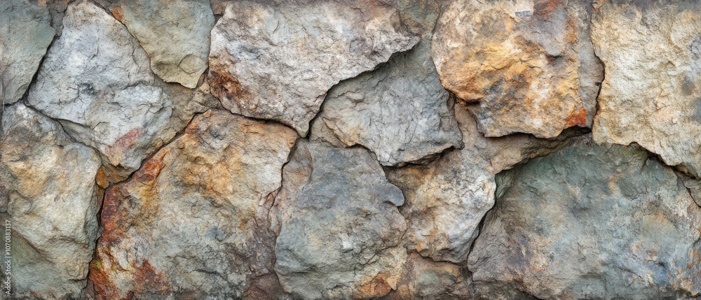 A close-up view of a textured stone wall featuring various colors and shapes of rocks. A close-up view of a textured stone wall featuring various colors and shapes of rocks.