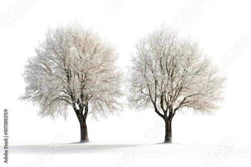 Two trees stand tall in a snowy landscape, surrounded by winter wonderland