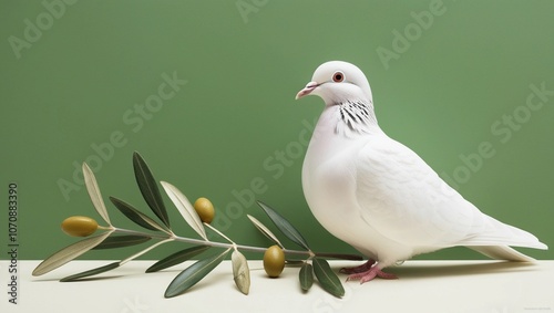 White dove with an olive branch, symbolizing peace. isolated on a solid chromakey background. photo