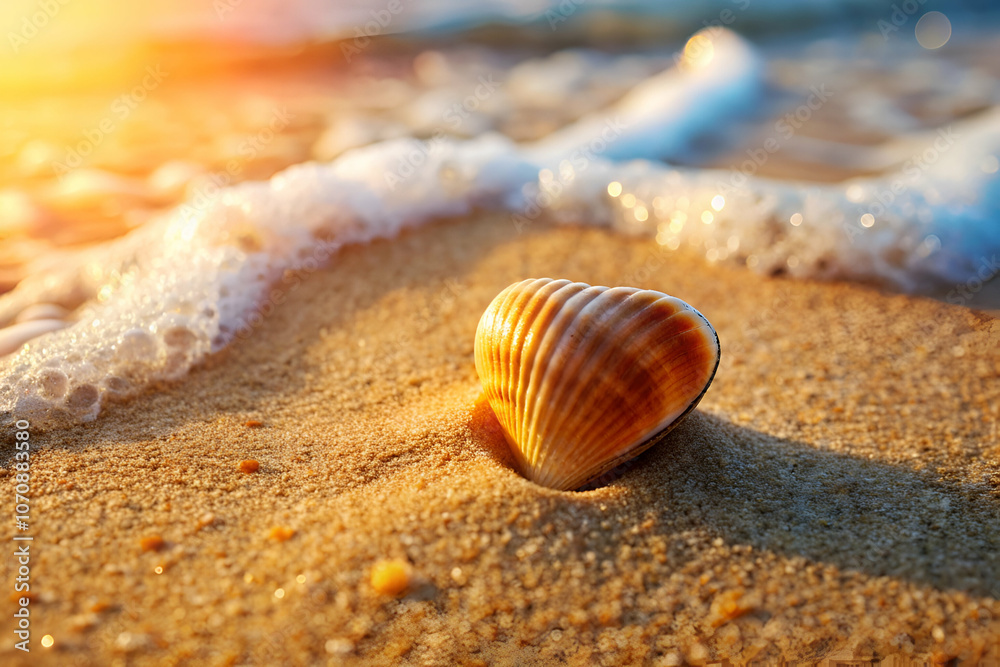 A seashell rests on the sandy beach, partially surrounded by gentle waves under a warm, glowing sunset.