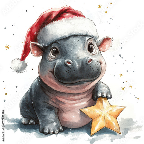 Celebrate christmas with a cute hippo wearing a santa hat and holding a star