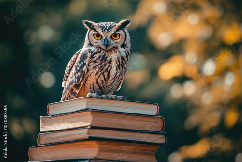 Wallpaper Mural A wise owl perches atop a pile of books, surrounded by learning and knowledge Torontodigital.ca