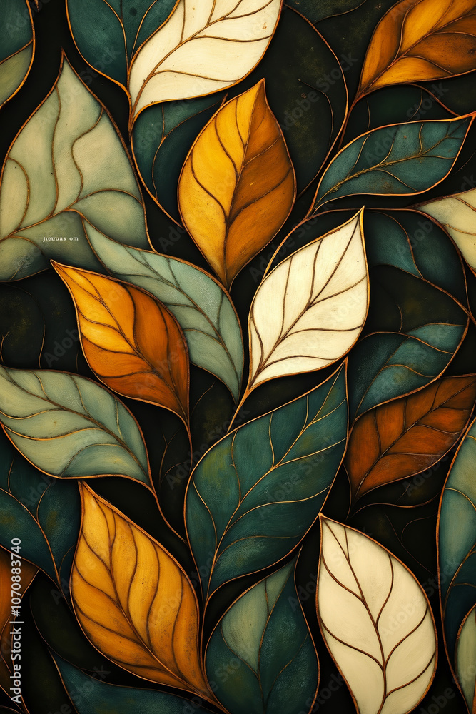 A painting of a bunch of leaves on a black background A painting of a bunch of leaves on a black background