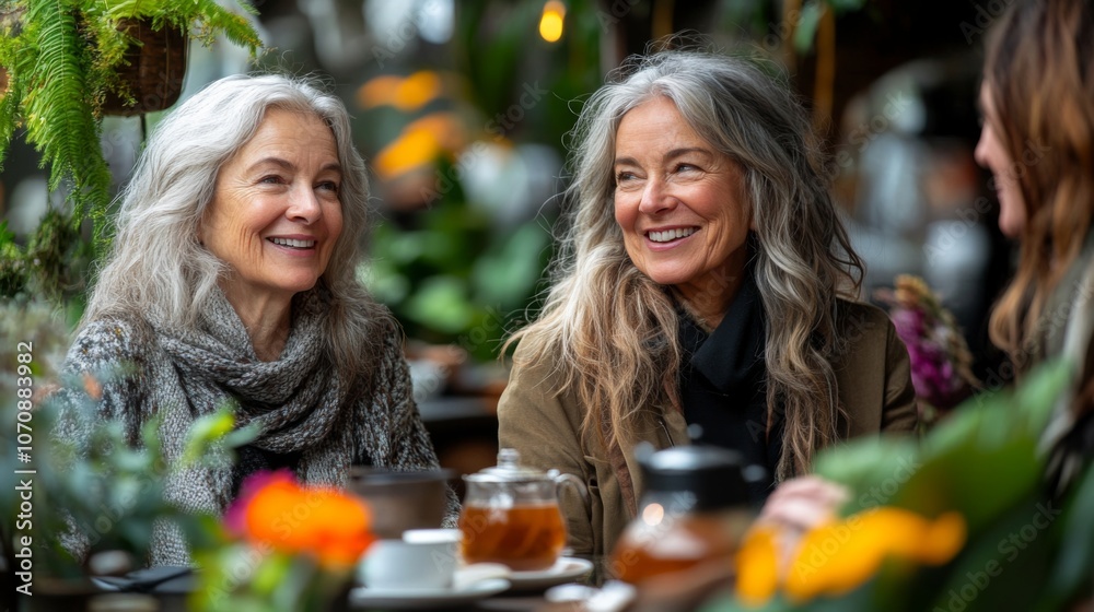 Two women are engaged in a warm conversation while sipping tea at a cafe rich with plants, creating a serene and inviting atmosphere in the afternoon. Two women are engaged in a warm conversation while sipping tea at a cafe rich with plants, creating a serene and inviting atmosphere in the afternoon.
