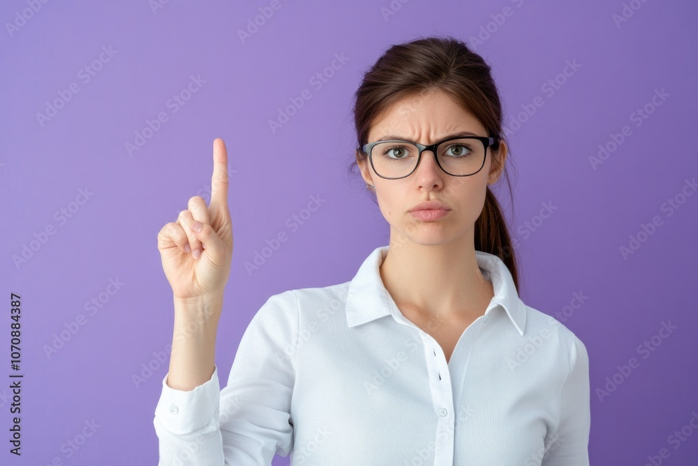A woman in glasses pointing at something, possibly important or interesting A woman in glasses pointing at something, possibly important or interesting