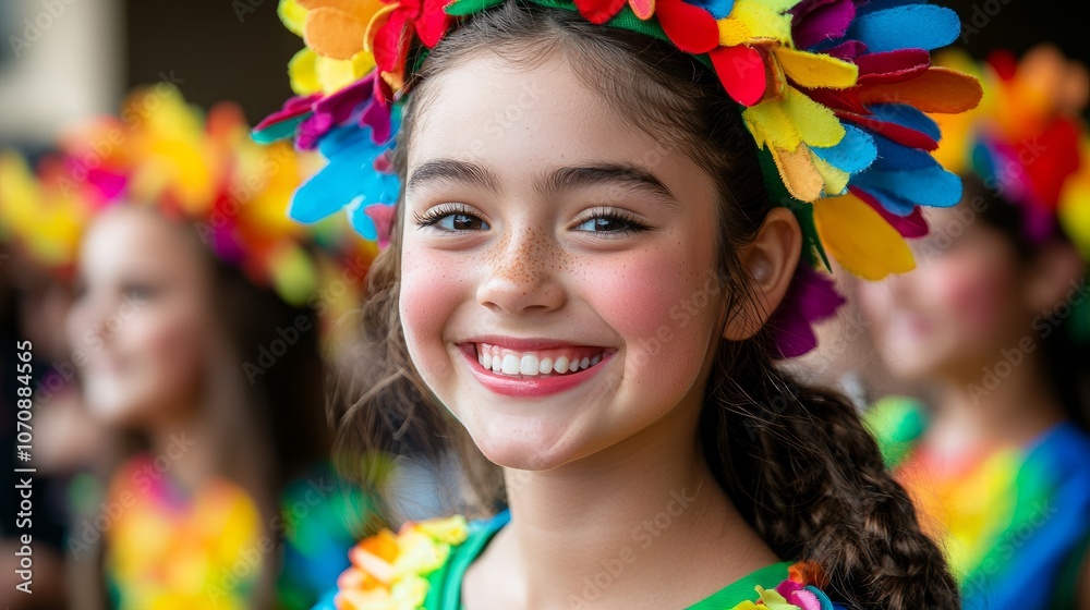 A young girl with a bright smile and colorful flower crown, surrounded by fellow performers, creates a festive and joyous atmosphere. A young girl with a bright smile and colorful flower crown, surrounded by fellow performers, creates a festive and joyous atmosphere.