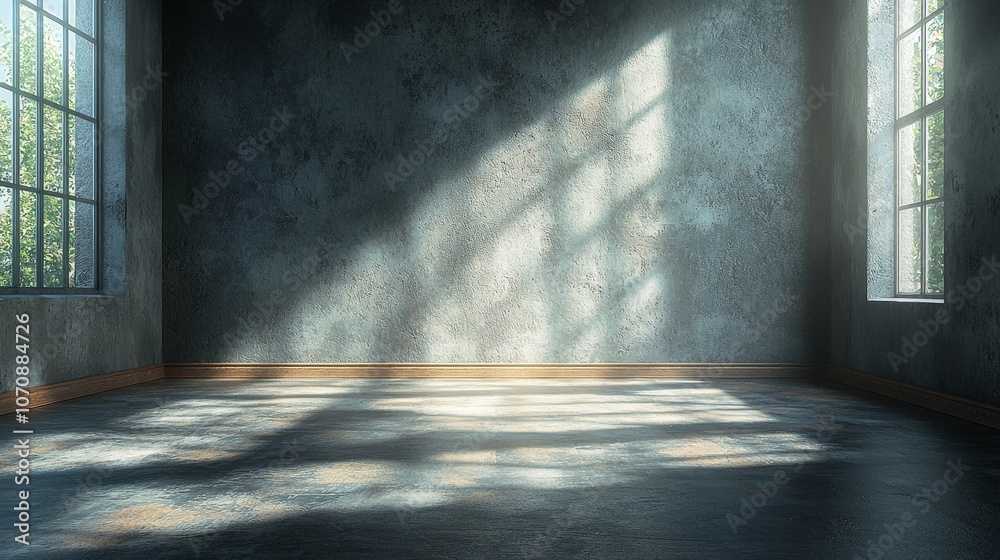 A serene, empty room with textured walls and sunlight streaming through large windows. A serene, empty room with textured walls and sunlight streaming through large windows.