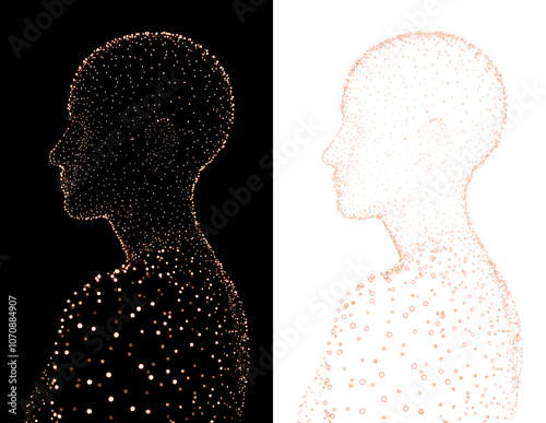a silhouette of a human head made up of glowing dots , on black or transparent alpha background