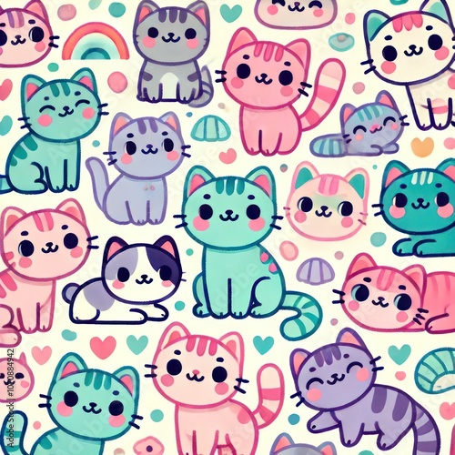 Cute pastel cats in a seamless pattern full of joy