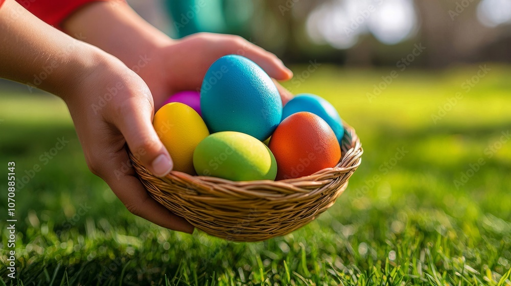 A child's hand holds a basket overflowing with colorful Easter eggs, a perfect symbol of spring and new beginnings. A child's hand holds a basket overflowing with colorful Easter eggs, a perfect symbol of spring and new beginnings.