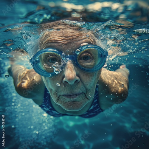 an elderly woman swims in the pool.