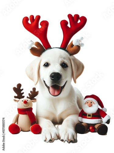 Cute Labrador Retriever Puppy Wearing Reindeer Antlers for Christmas