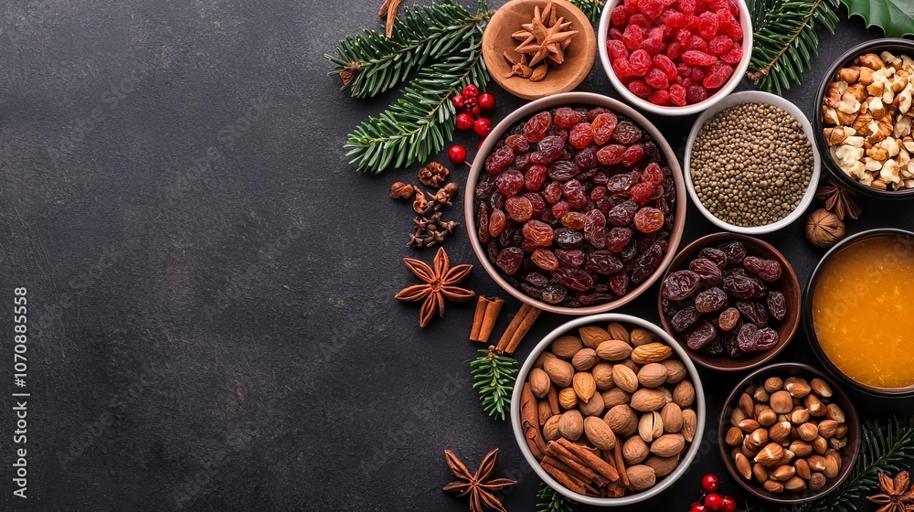 Artistic arrangement of dried fruits, nuts, spices for Christmas pudding, flat lay, holiday baking ingredients concept Artistic arrangement of dried fruits, nuts, spices for Christmas pudding, flat lay, holiday baking ingredients concept