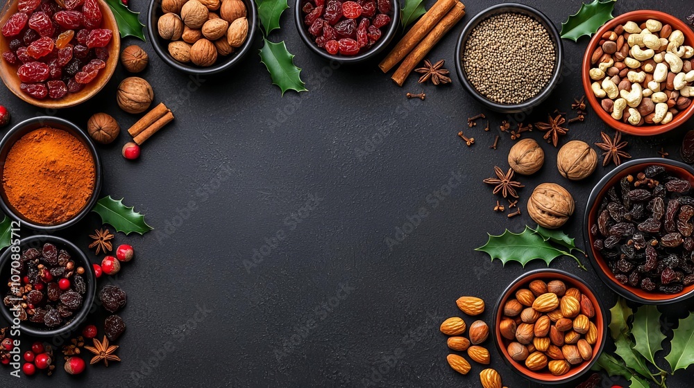 Artistic arrangement of dried fruits, nuts, spices for Christmas pudding, flat lay, holiday baking ingredients concept Artistic arrangement of dried fruits, nuts, spices for Christmas pudding, flat lay, holiday baking ingredients concept
