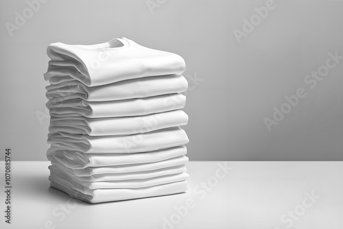 A stack of folded soft, smooth clothes. White T-shirts on a light background with space for text. Concept of diversity in the world, lifestyle, order in the house, minimalism.
