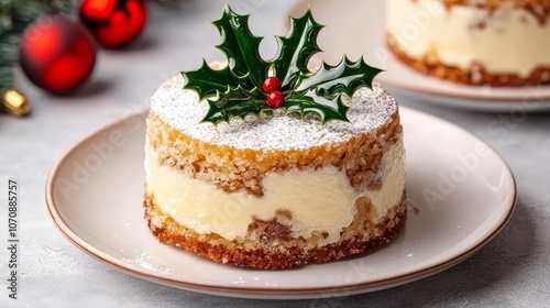 Wallpaper Mural Christmas pudding topped with fresh holly leaves, dusted with powdered sugar, classic holiday dessert concept Torontodigital.ca